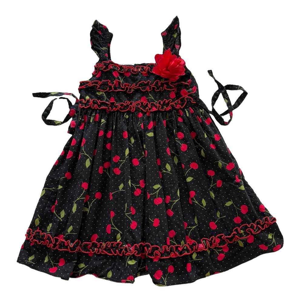 Vintage Y2K Youngland Girls 4T Cherry Dress Black Red Ruffle Retro Runs Small